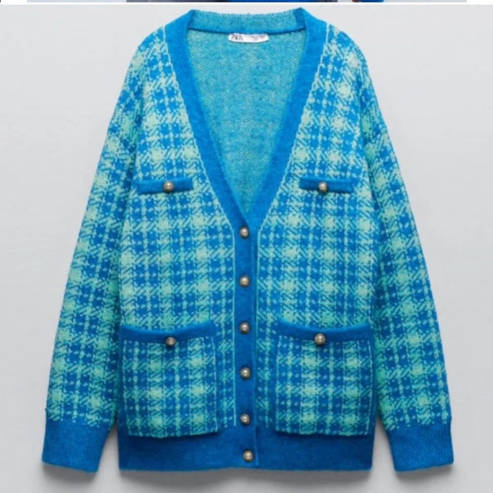 Zara * Plaid Knit Long Cardigan Jacket Blue - Picture 14 of 14
